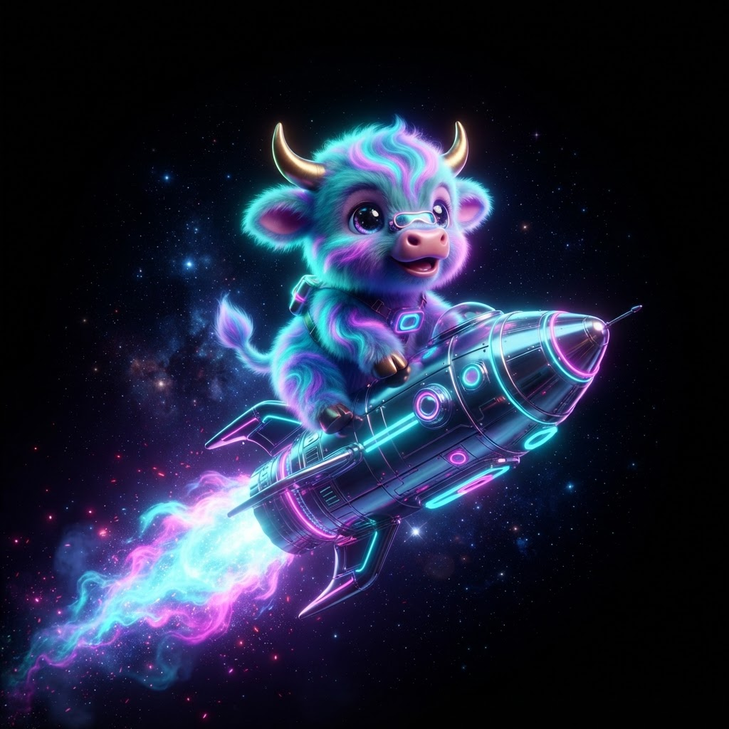 Neon bull riding a rocket through a starfield